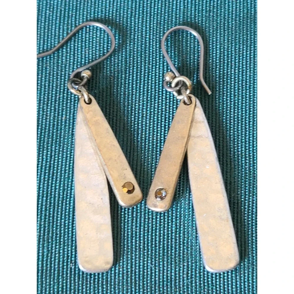 Two Toned Hammered Silver And Gold Tone Dangle Earrings Crystal Accent